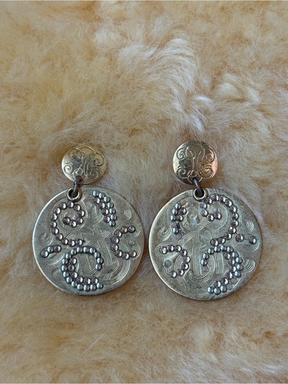 Gold Silver-Tone Filigree Round Drop Earrings with Beaded Swirl Detail
